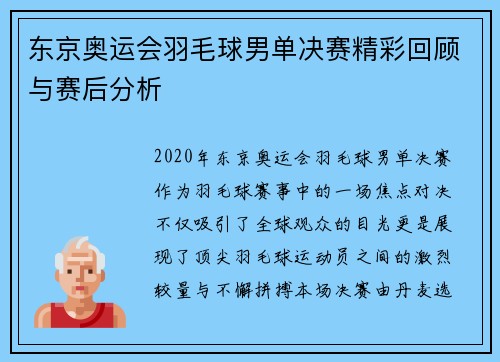 东京奥运会羽毛球男单决赛精彩回顾与赛后分析